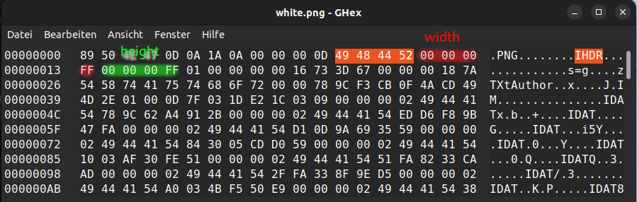 The IHDR, width and height in GHex